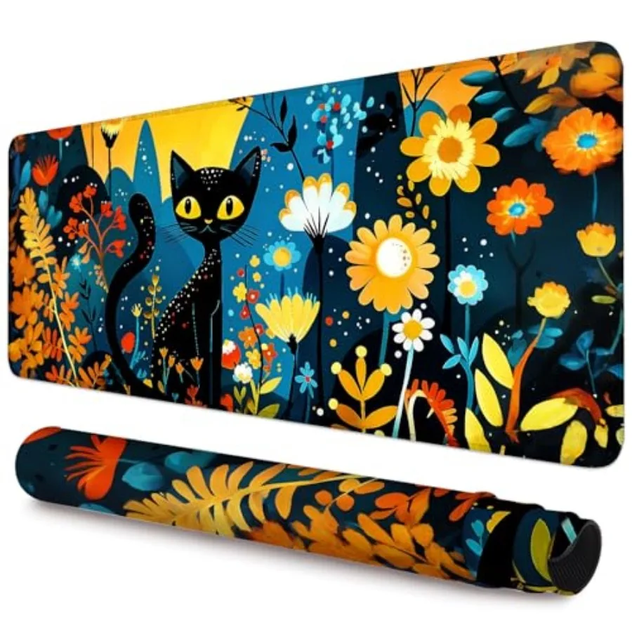 

Black Cat and Floral Extended Gaming Mouse Pad, 35.4 x 15.7 Inch Large Mousepad with Stitched Edges, Water-Resistant Desk Mat w