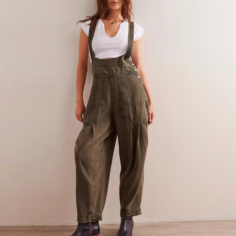 Overall Denim Tanpa Lengan Kasual Longgar Jeans Longgar Kancing Samping Wanita Romper Satu Potong Pakaian Jalanan Jumpsuit Kaki Barel Hitam
