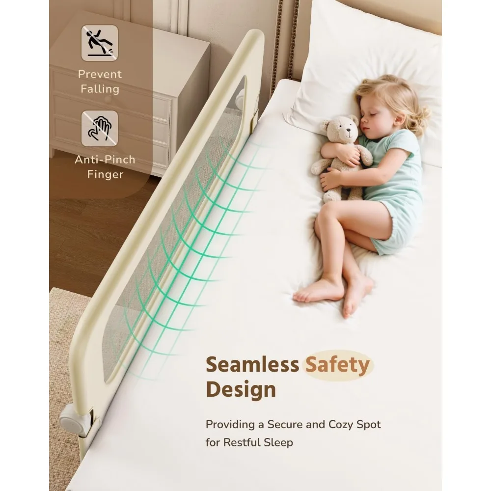 U자형 베이스가 있는 엑스트라 롱 유아용 침대 난간, 트윈부터 킹 사이즈 매트리스까지 사용 가능한 안전 가드, 베이지색, 간편 설치