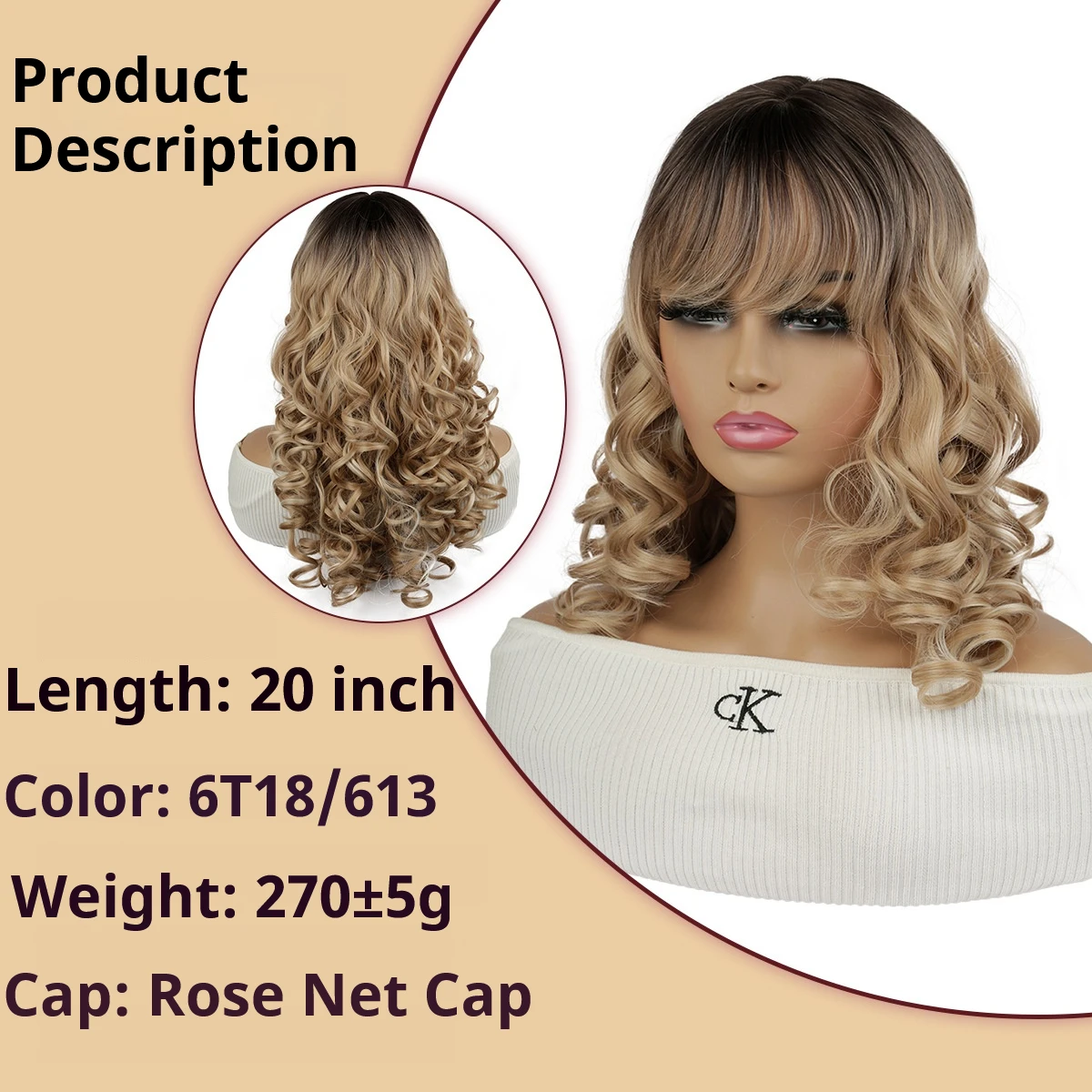 Long Curly Wigs With Bangs for Women Heat Resistant Synthetic Hair Highlight Blonde Wig Daily Holiday 20 Inches 180% Density