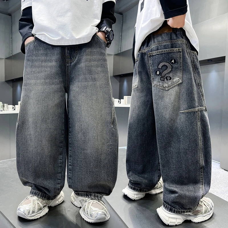 موضة المراهقين بنين رسالة الجينز ربيع الخريف جديد الاطفال واسعة الساق الدنيم السراويل للأطفال بنطلون فضفاض لمدة 4-14 سنة