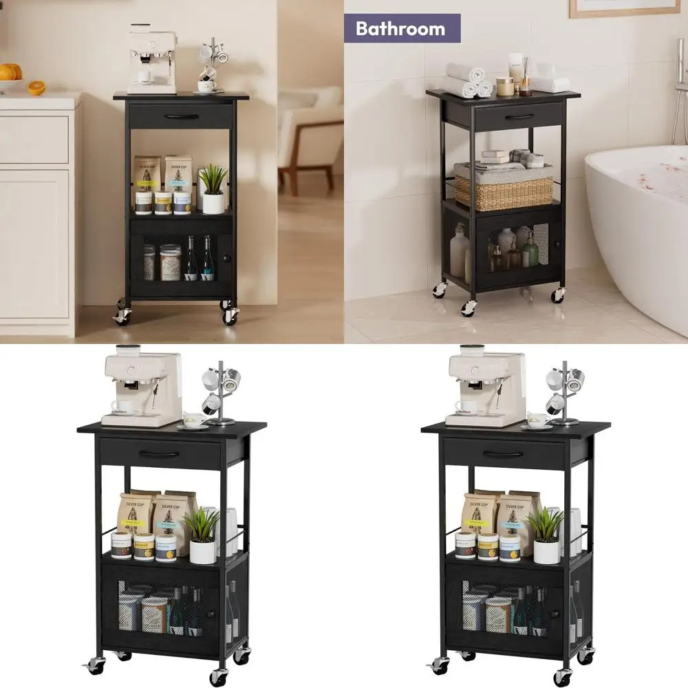 

Кухонная тележка-стеллаж на колесиках - Компактная подставка для кофе с выдвижным ящиком и шкафчиком для хранения для кухни, гостиной или прихожей, черная
