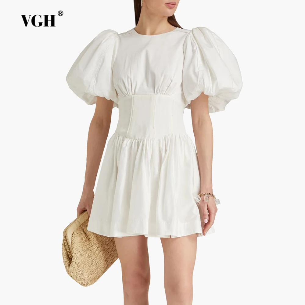

VGH Solid Runway Style Tunic Mini Dress for Women O Neck Puff Sleeve High Waist Patchwork Folds Dresses Female Fashion Clothes