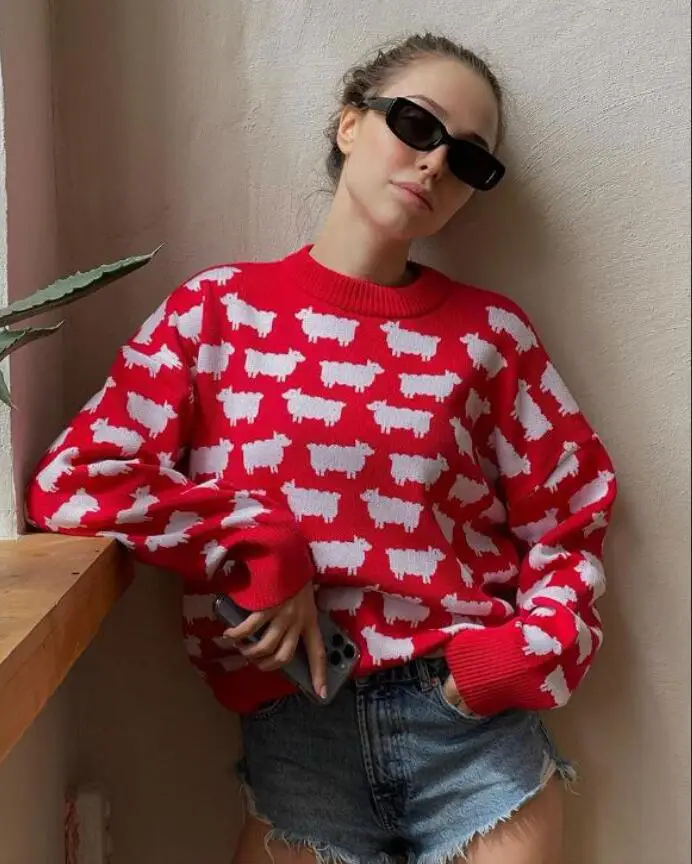 O-neck Alpaca Printed Sweater Women's Loose Casual Mid Length Retro Sweater Autumn Winter New Warm Pullover Top p1329