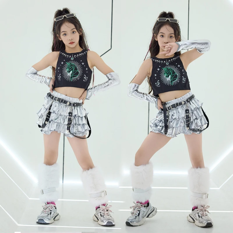 

Jazz Dance Costumes Girls Kpop Stage Performance Wear Silver Cake Skirt Crop Tops Fashion Show Outfit Streetwear Dancewear 1263