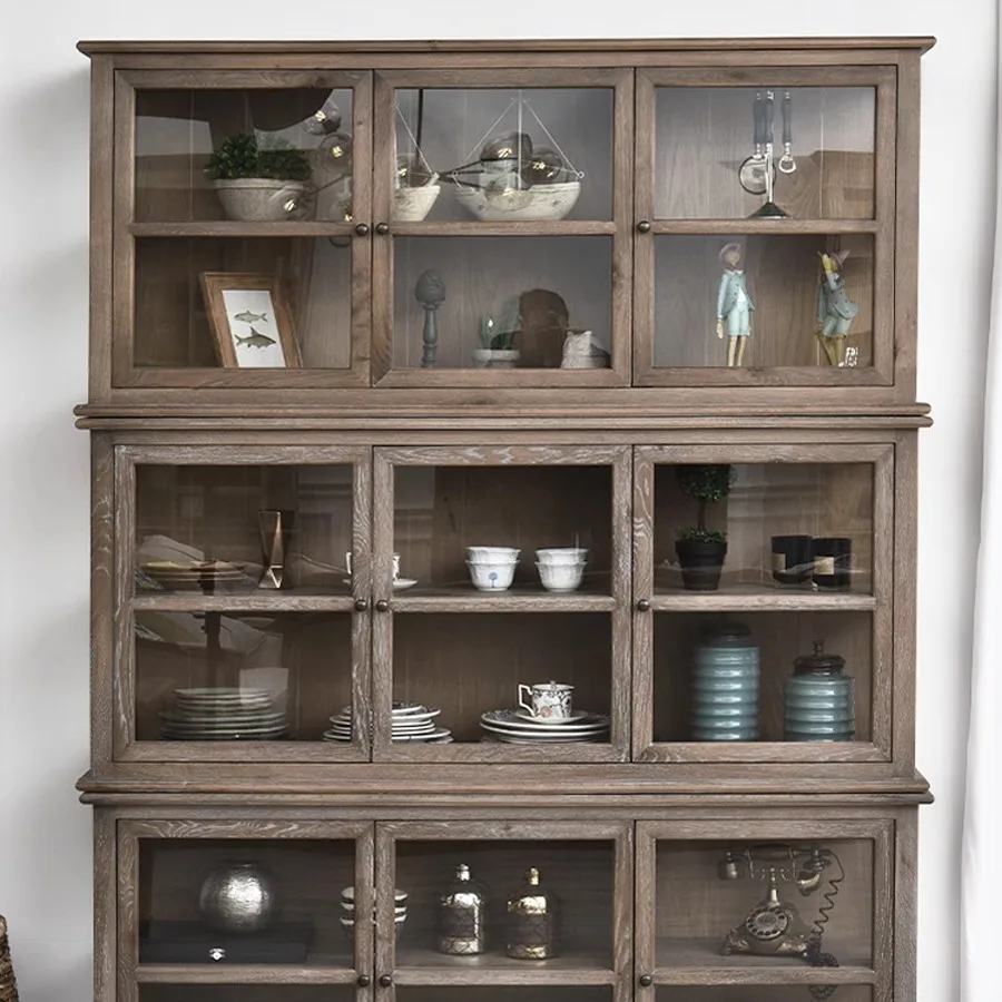 Ash wood dining side Solid wood weathered white storage display Wine cabinet Living room wall cabinet