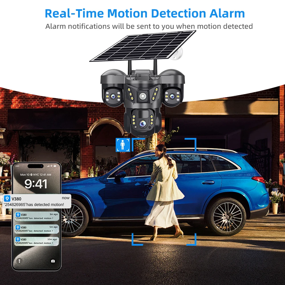 V380 PRO 15MP 10X Zoom Lente Tripla 4G Câmera Solar Ao Ar Livre CCTV PIR Detecção de Movimento Vigilância de Segurança de 3 Tela