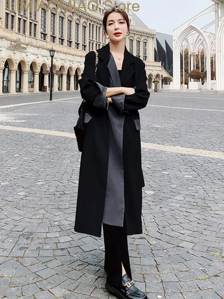 New Spring Autumn Jackets for Women Lapel Patchwork Suit Coat Long Windbreaker Trench Coat for Women Winter Clothes Women Tops