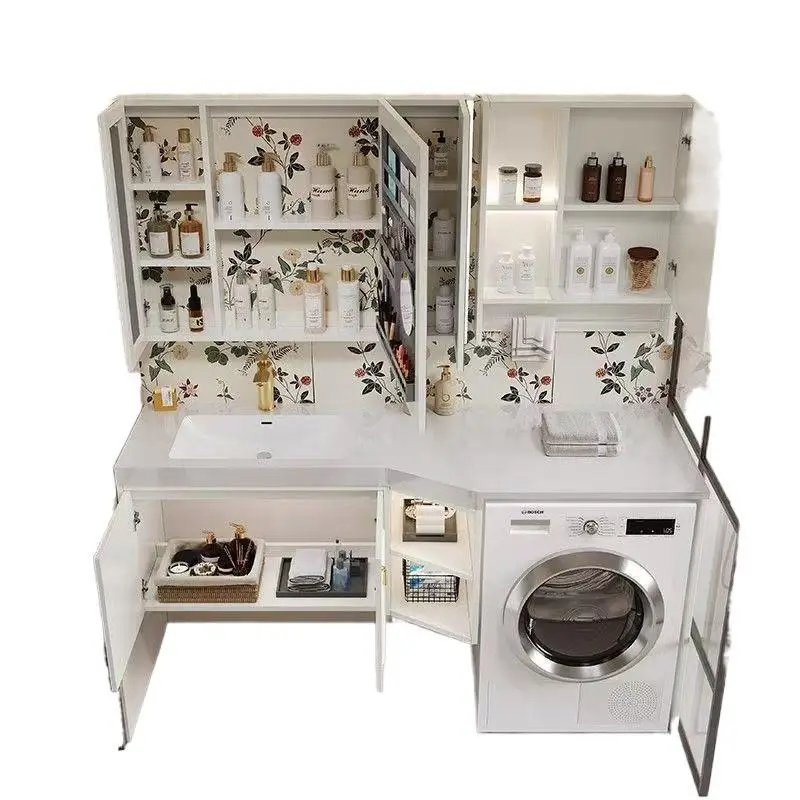 

Стиральная машина, встроенный шкаф для ванной комнаты, французская маленькая квартира с значительной другой шиферной керамической раковиной