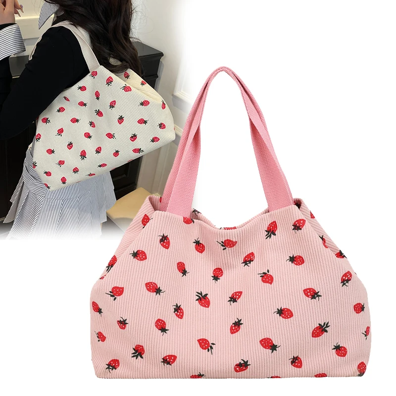 

Women Shoulder Bag Strawberry Pattern Cosmetic Bags Corduroy Travel Tote Portable Storage Handbag Large Capacity Dating Pack