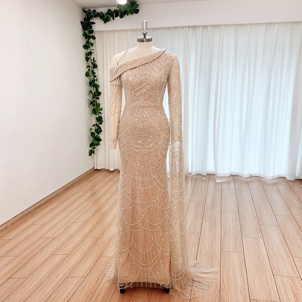 Elegant Mermaid One Shoulder Evening Dress for Women 2024 Luxury Cape Sleeves Pearls Formal Prom Wedding Party Gowns Customized