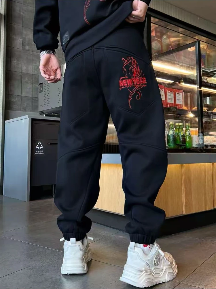 

Men's Winter Fce Lined Embroidered Casual Pants Loose Fit Versatile Long Trousers Comfortable Breathable Cotton Polyester ...