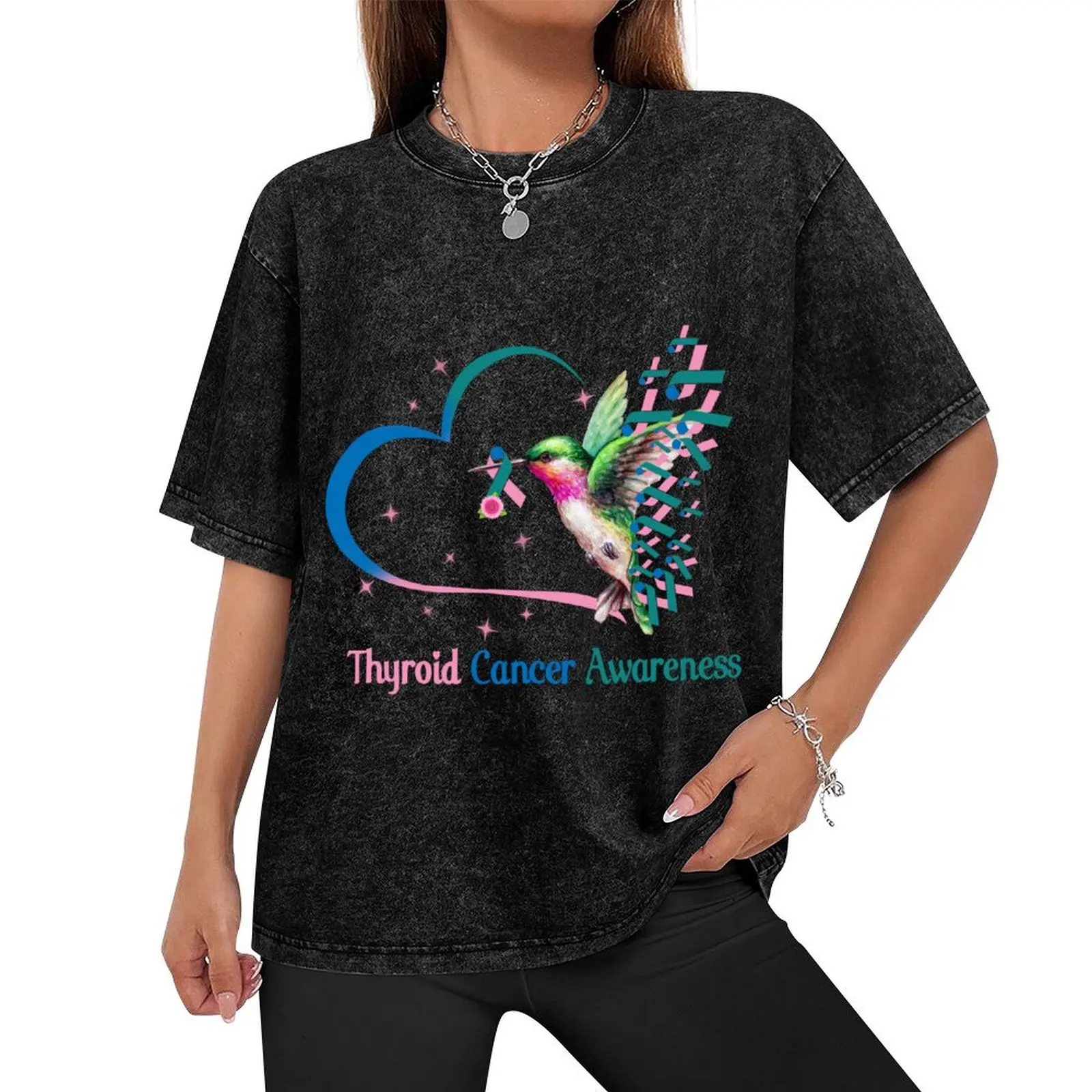 Bird With Ribbon Thyroid cancer Awareness Gift For Thyroid cancer Warrior Mom Dad T-Shirt