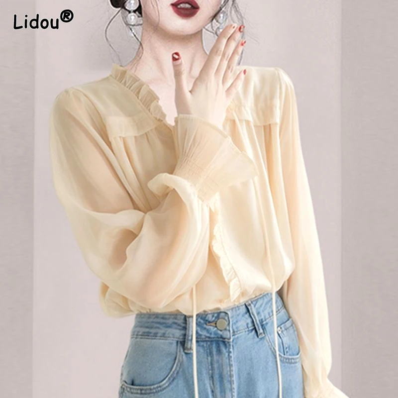 

2023 New Spring and Autumn French Gentle Wind Lotus Leaf Edge Western Style Small Shirt V-neck Lace Loose Casual Women's Shirt