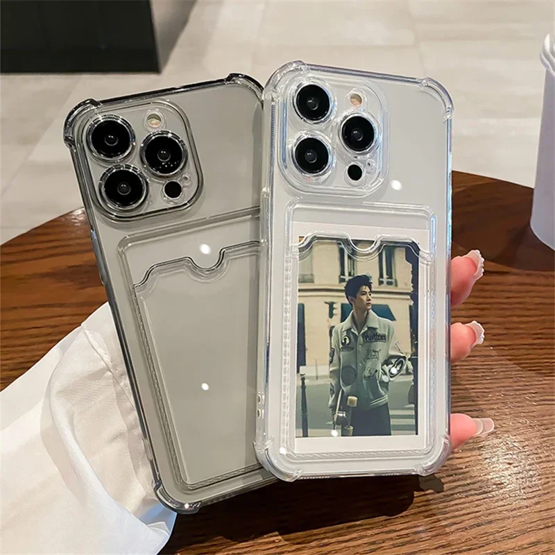 Handyhülle für iPhone 16 15 14 13 12 11 Pro Max Plus, klares, weiches Silikon, 4 Ecken, stoßfest, schützender, transparenter Kartenhalter