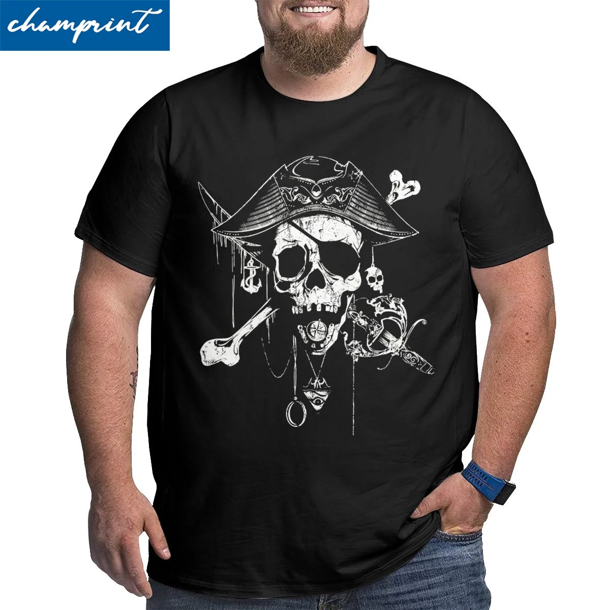 Men\'s Pirate Skull Sword And Bones Jolly Roger T Shirt Cotton Clothes Short Sleeve Big Tall Tees Large 4XL 5XL 6XL T-Shirt