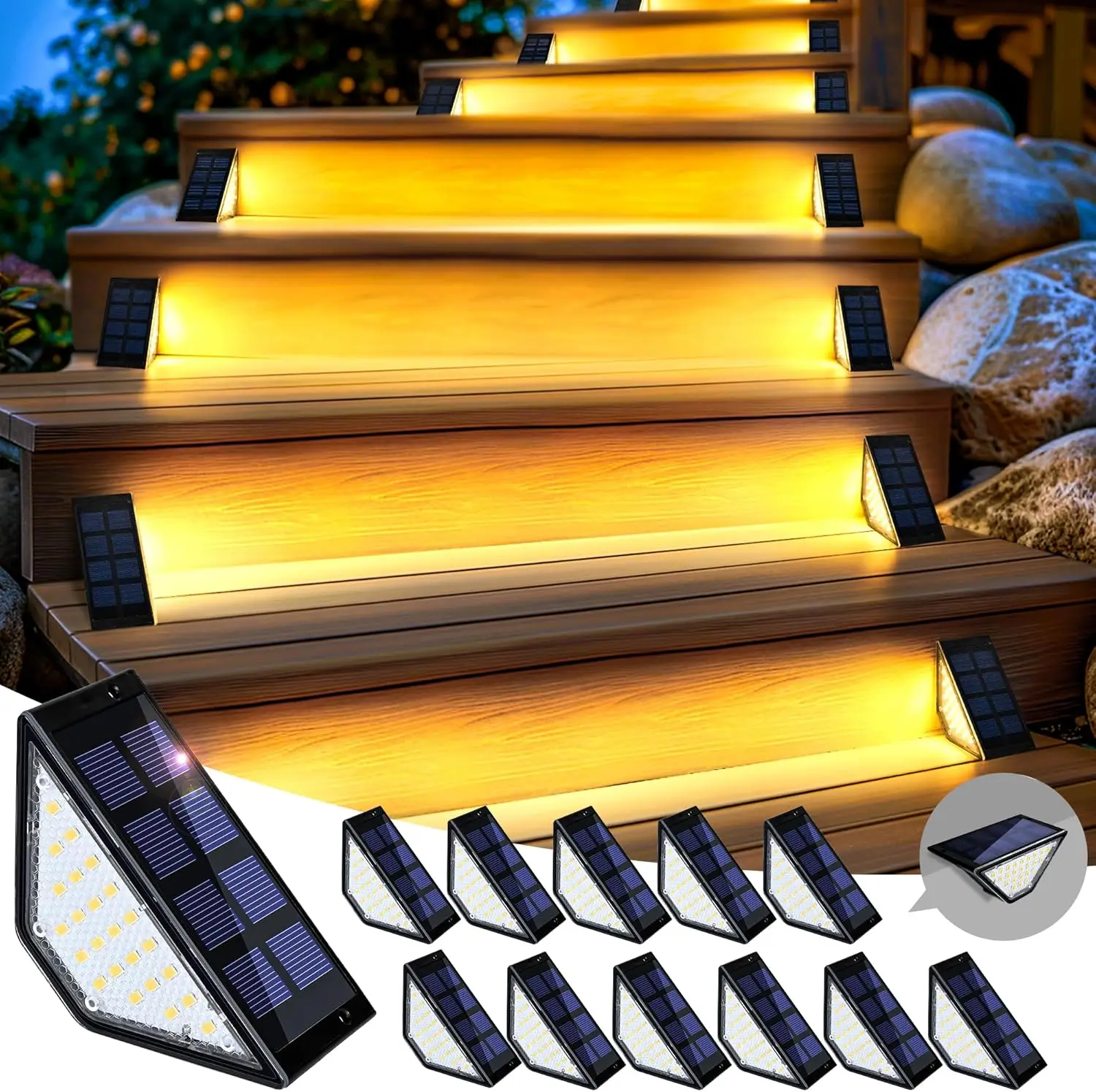 12 Pack Solar Powered Step Light Outdoor Waterproof 24 Led Outside Deck Stair Safety Decorative Lamp for Porch Wall Fence Garden