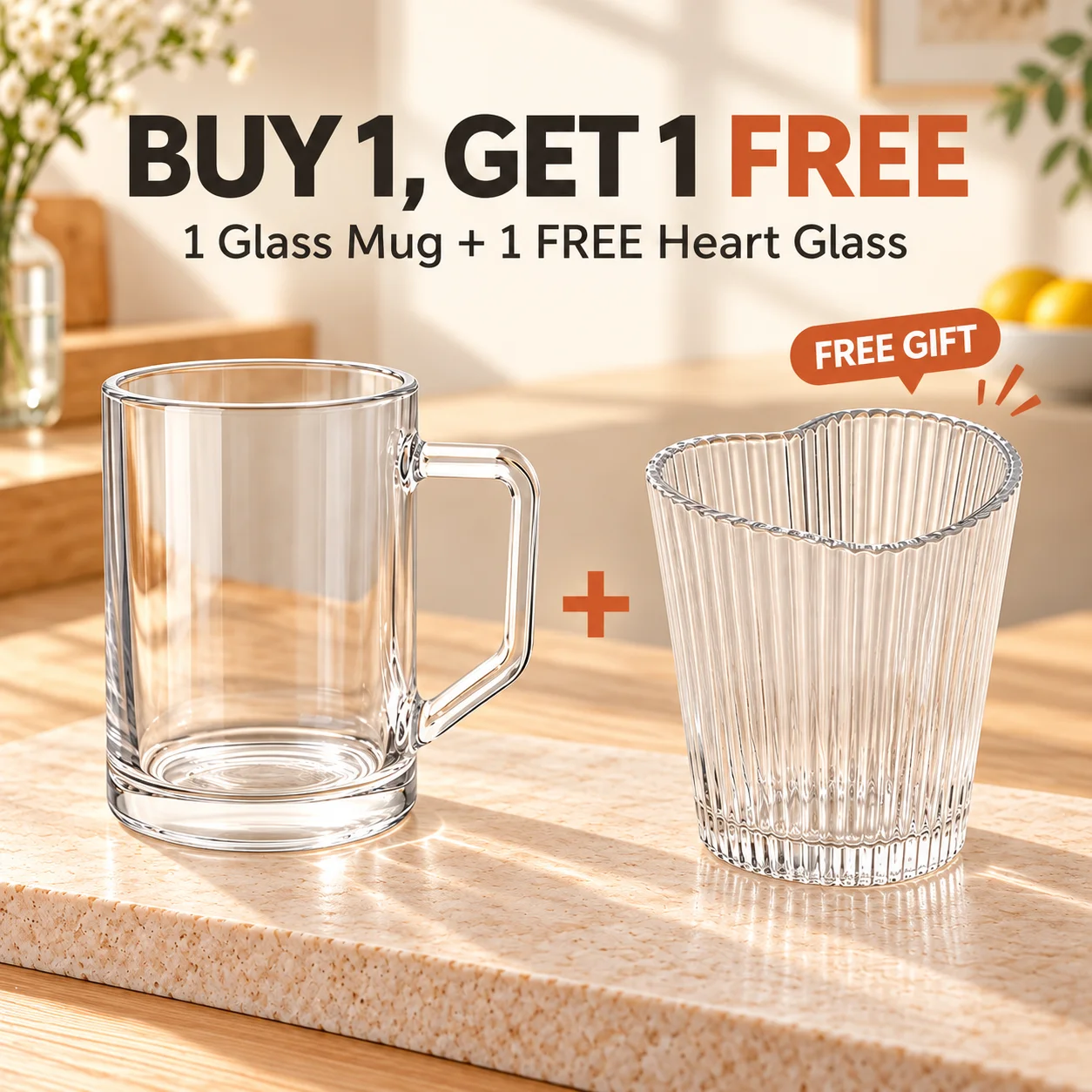 Set van 2/4 glazen bekers, inclusief een gratis hartvormige, geribde glazen beker, transparant, geschikt voor cola, sap en koffie, ideaal als cadeau voor een gezinsbar.