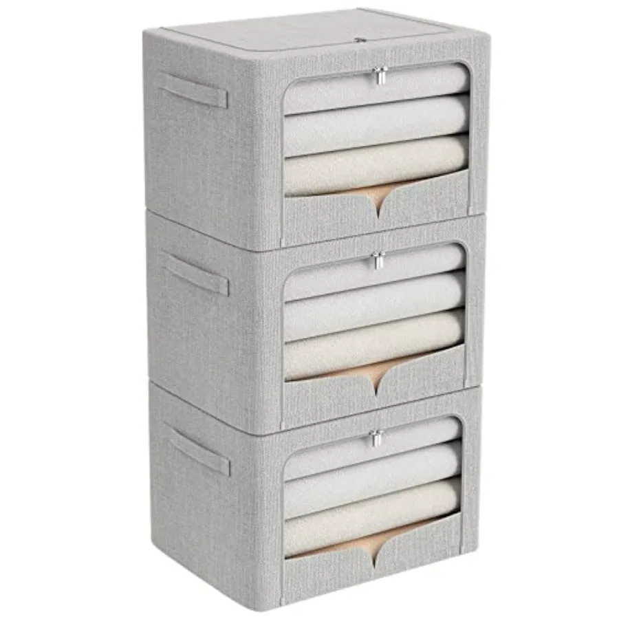 

Набор из 3 складных коробок для хранения одежды с металлическим каркасом - Штабелируемые органайзеры из льняной ткани с ручками для переноски и прозрачным окном - Li