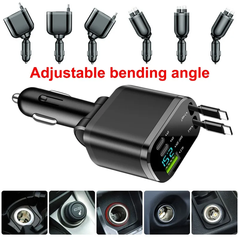 5 في 1 لمط مهايئ شاحن سيارة سيارة ولاعة السجائر محول عرض الجهد مع كابل قابل للسحب شاحن سريع 66 واط #6