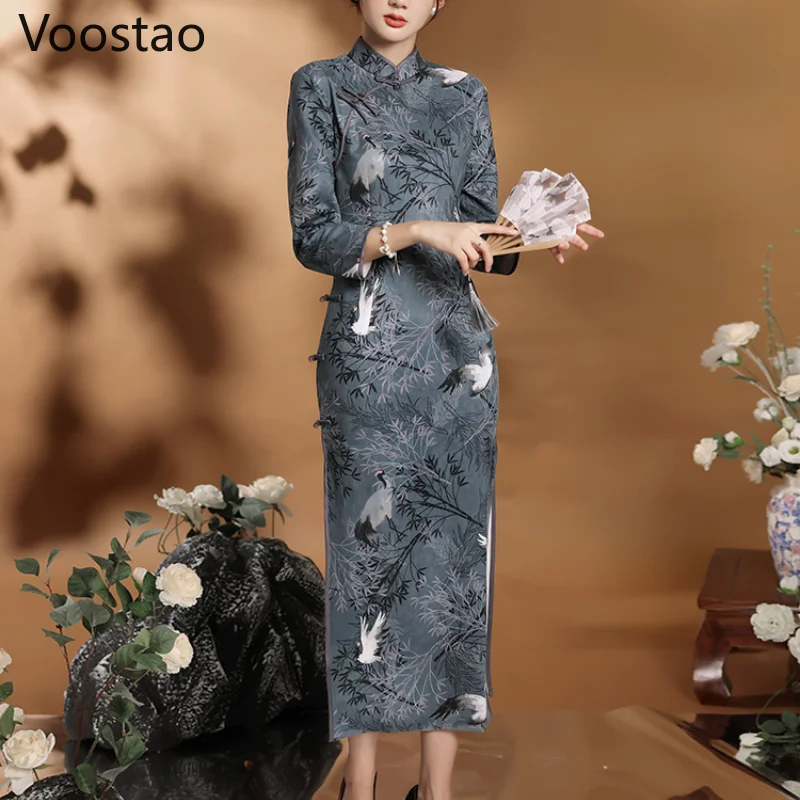 2xl chinesischer Stil Wildleder Stoff Cheong sam Kleid Vintage Frauen Herbst elegante Kran Druck Qipao Kleider Dame schlanke Qipao Vestidos