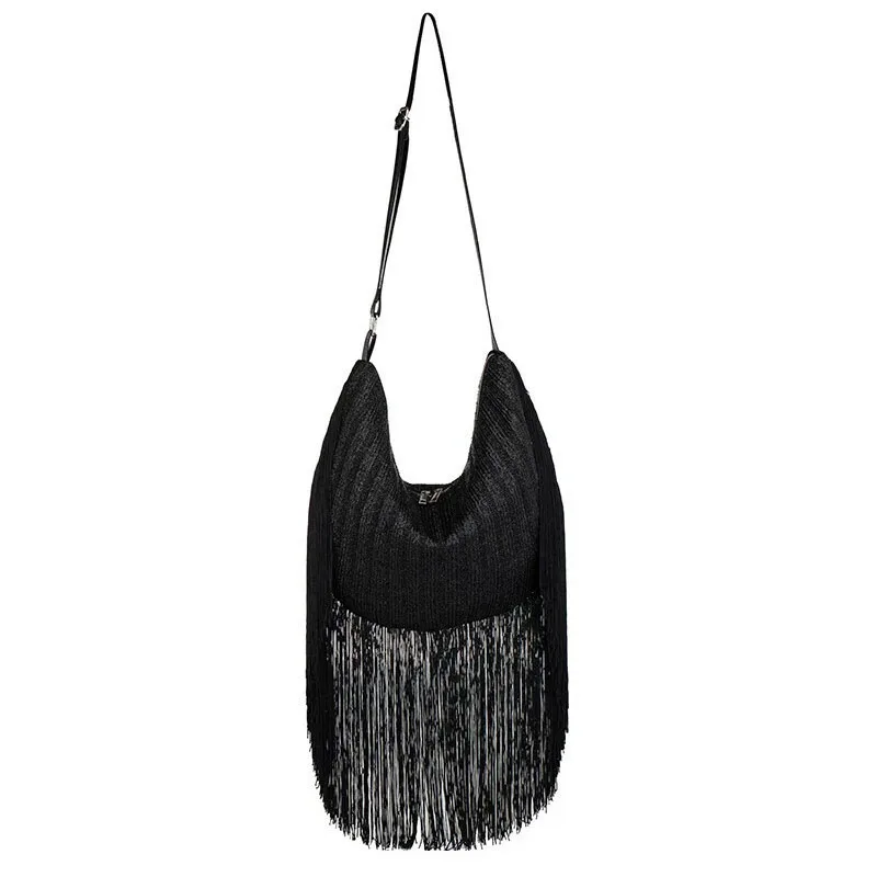 Long Tassel Women's Handbag Single Strap Polyester Lining Soft Canvas Straw Casual Shoulder Bag