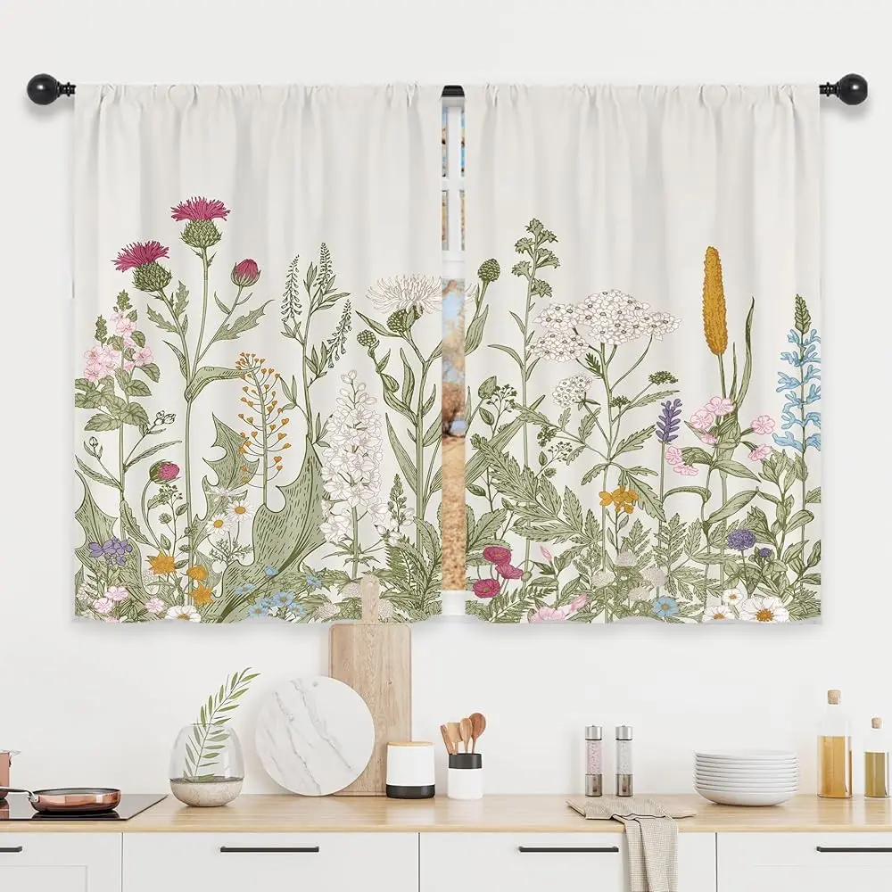 

Rustic Flower Ains Green Leaf Rod Pocket Vintage Floral Colorful Plant Herbs Women Wildflower Blossom Botanical Nature Classic