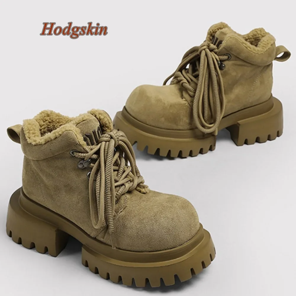 Cross Tied Round Toe Women Boots Mid Calf Chunky High Heel Solid Patchwork Boots 2025 Newest Casual Fashion Winter Snow Boots