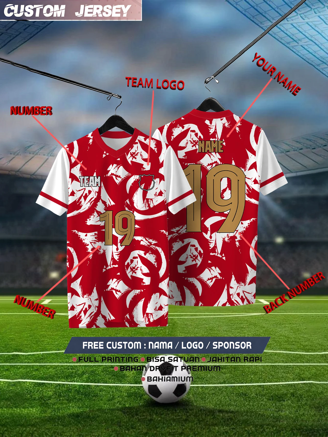 

Customized Geometric Red Short Sleeved Shirt with Team Name, Emblem, Name and Number, Outdoor Sports Short Sleeved T-shirt