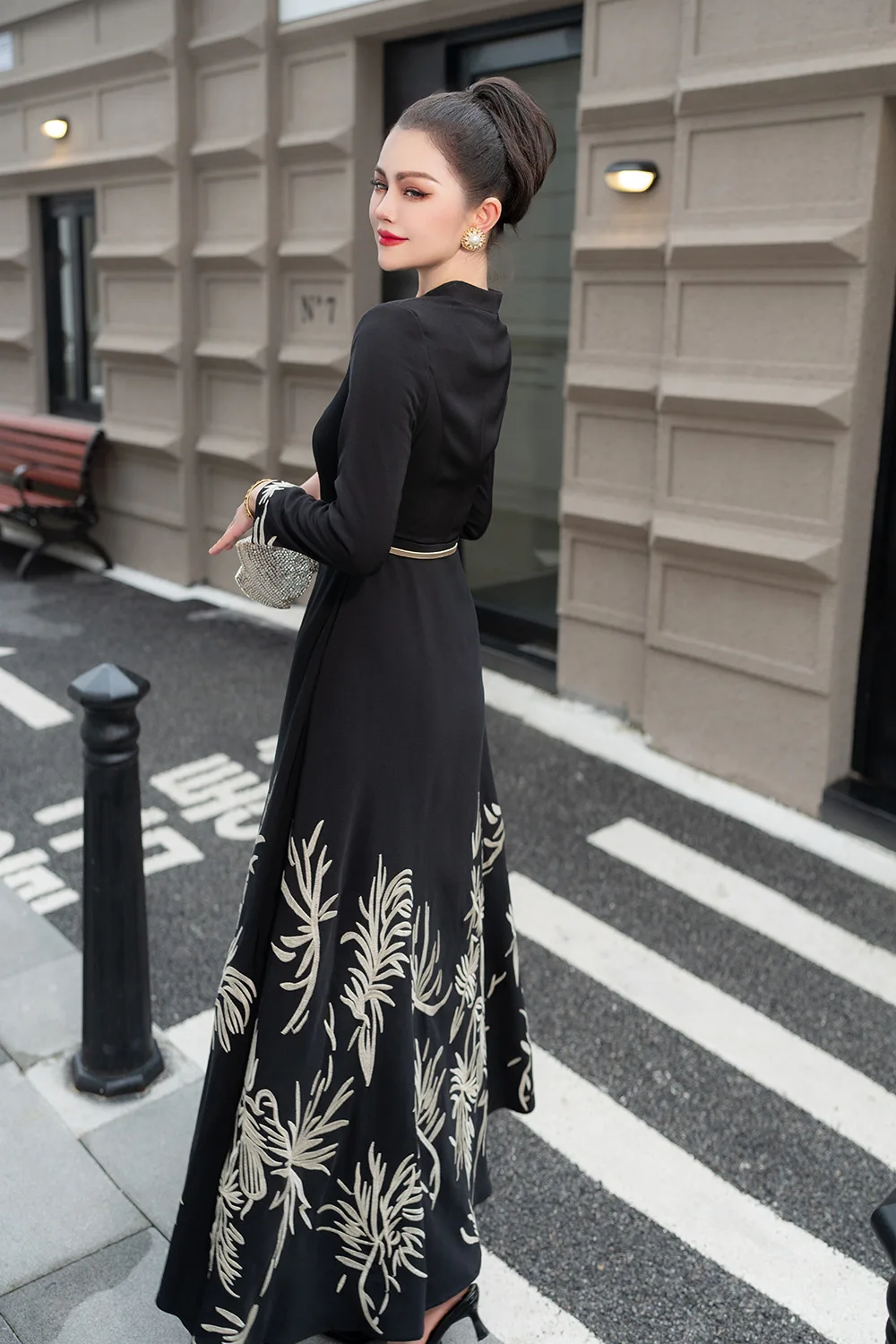 ZJYT Fashion Runway Designer Embroidery Long Sleeve Maxi Dress for Women 2024 Autumn Elegant Black Vintage Party Dress Vestidos