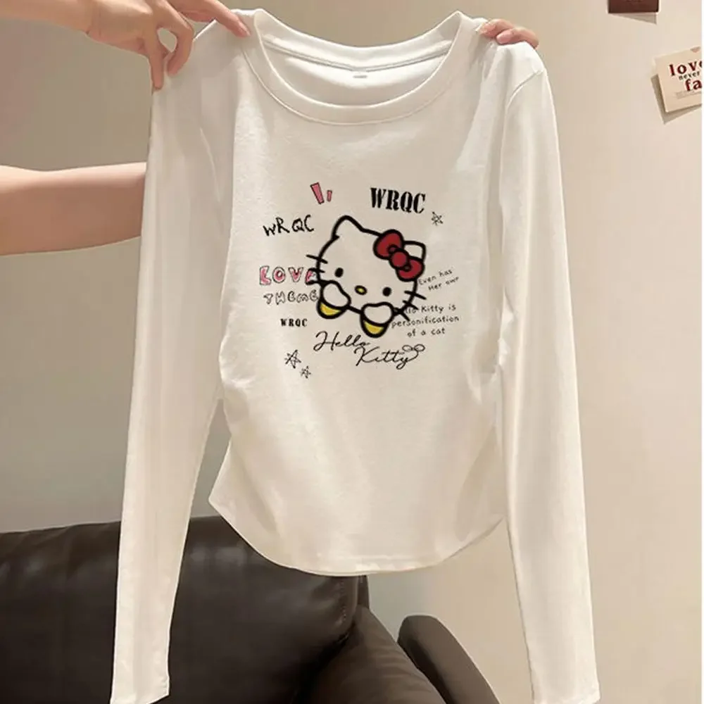

Хлопковая футболка Kawaii Hello Kitty, пуловер для девочек, с длинными рукавами, Sanrio, аниме, весенне-осенние топы с круглым вырезом, облегающая базовая рубашка