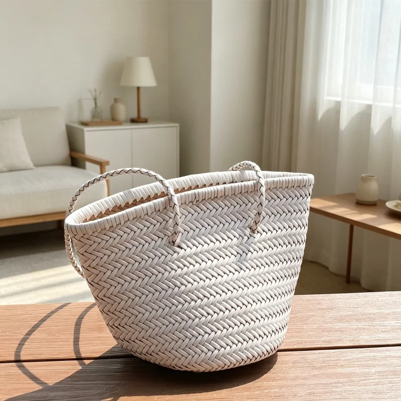 Women Genuine Cowhide Woven Basket Bag French Chic Handmade Leather Tote Shoulder Bag Vacation Handbag