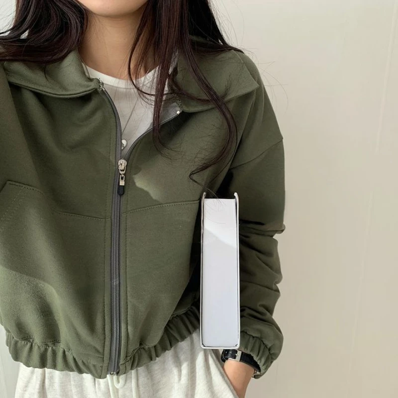 Sweatshirts Women Pockets Harajuku Cropped Feminine Casual Solid Stylish All-match Soft Streetwear Ins New Arrival Autumn Basic