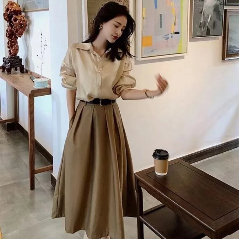 

Spring Summer Women's Graceful Shirts High Waist Skirts Two Piece Set Office Lady Vintage Blouse Skirt Suit Work Clothing Female