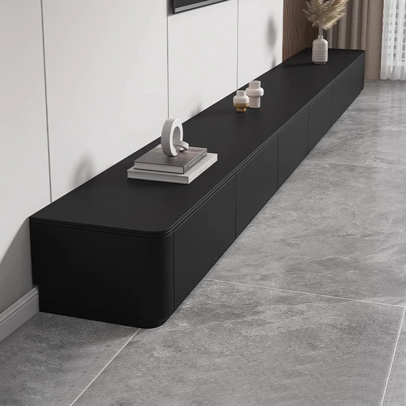 

rock slab black TV cabinet, floor-to-ceiling coffee table combination, modern and simple living room