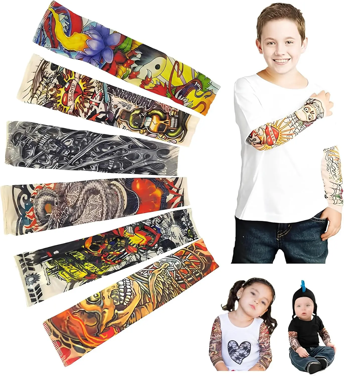 

Kids Temporary Tattoo Sleeves, 6 Pack - Eagle, Skull, Dragon, Clown, Snake
