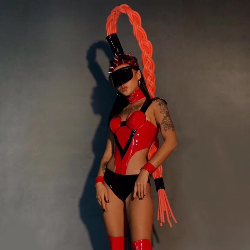 ナイトクラブゴーゴーダンス服セクシーなクラブウェアリベット帽子ドラッグクイーンコスチューム Pu レザーボディスーツカーニバルレイブ衣装 yj461