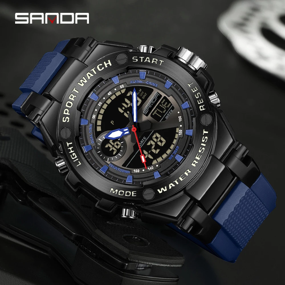 SANDA 3363 남성용 전자 시계 스포츠 다기능 방수 LED 듀얼 디스플레이 남성용 전자 시계