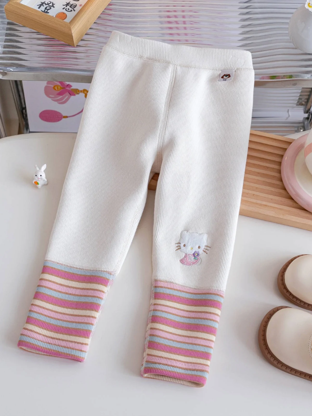 Girls Fce Lined Casual Pants Autumn Winter Korean Sle No-s Splice Versatile Long Trousers Kids All-in-one Velvet Leis...