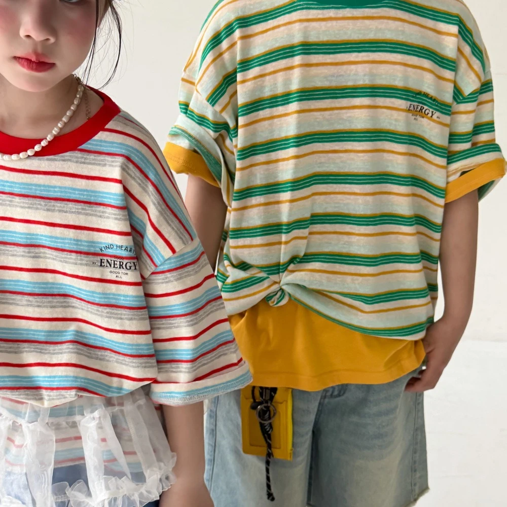 

T-shirt 2026 Spring and Summer New Children's Clothing Boys and Girls Round Neck Loose Collision Color Striped Letter T-shirt
