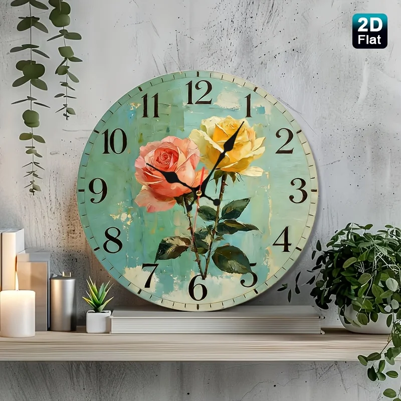 Vintage Rose Oil Painting Wooden Wall Clock, Silent Non-Ticking, 2D Flat Floral Decor for Home, AA Battery Not Included.