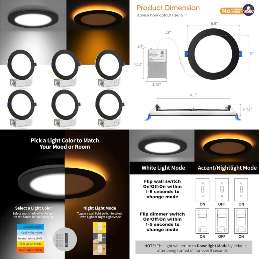 

Pack 5CCT LED Recessed Ceiling Light with Night Light, 2700K/3000K/3500K/000K/5000K Selectable Ultra-Th Lightg, 12W=110W, 1050L
