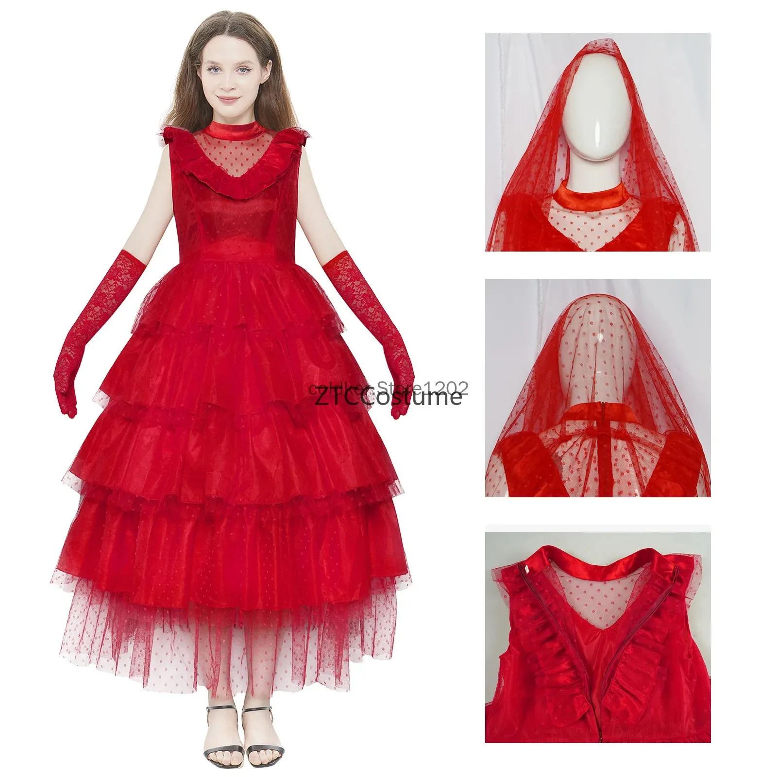 Lydia Deetz Cosplay Costume Gothic Red Wedding Dress Veil Bridal Evening Gown Halloween Scary Outfit