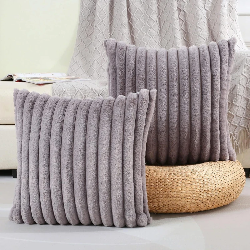 Pillow Cover Faux Rabbit Fur Square Cushion Big Thick Striped Super Soft Solid Color  45x45cm Sofa Decor Cushion Cover