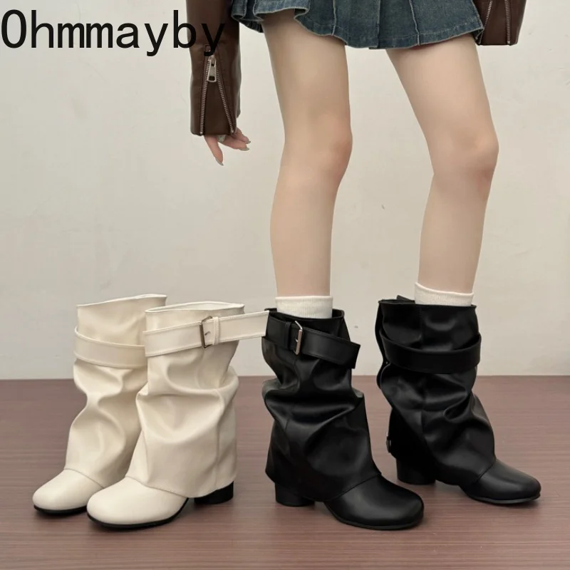 New Women Slouchy Mid Calf Leather Boots Metal Buckle Strap Block Heel Soft PU Leather Boots Autumn Streetwear Mordern Booties