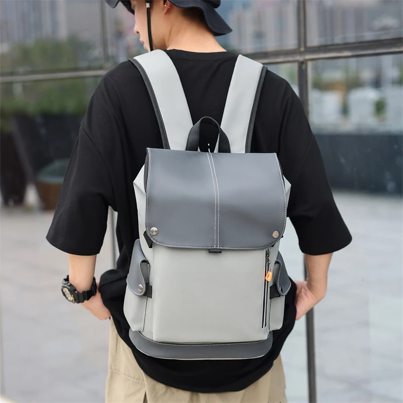 

Casual color blocked leather large capacity men's travel bag backpack mochila backpack men school bag mochila masculina