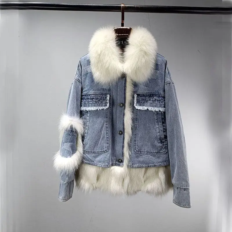 Denim Leather Fox Fur Jacket Winter Plush Fur Collar Women's Cotton Coat