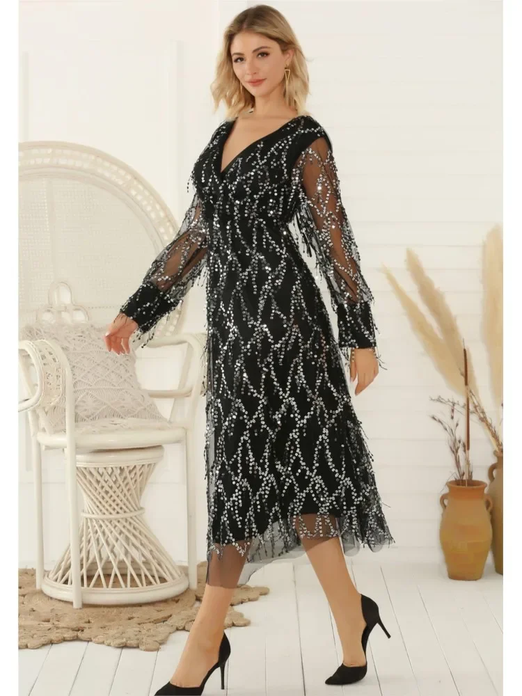 Vestido de noite feminino lantejoulas franja embelezado decote em v manga longa linha a plissado dupla camada cintura magra vestido halter