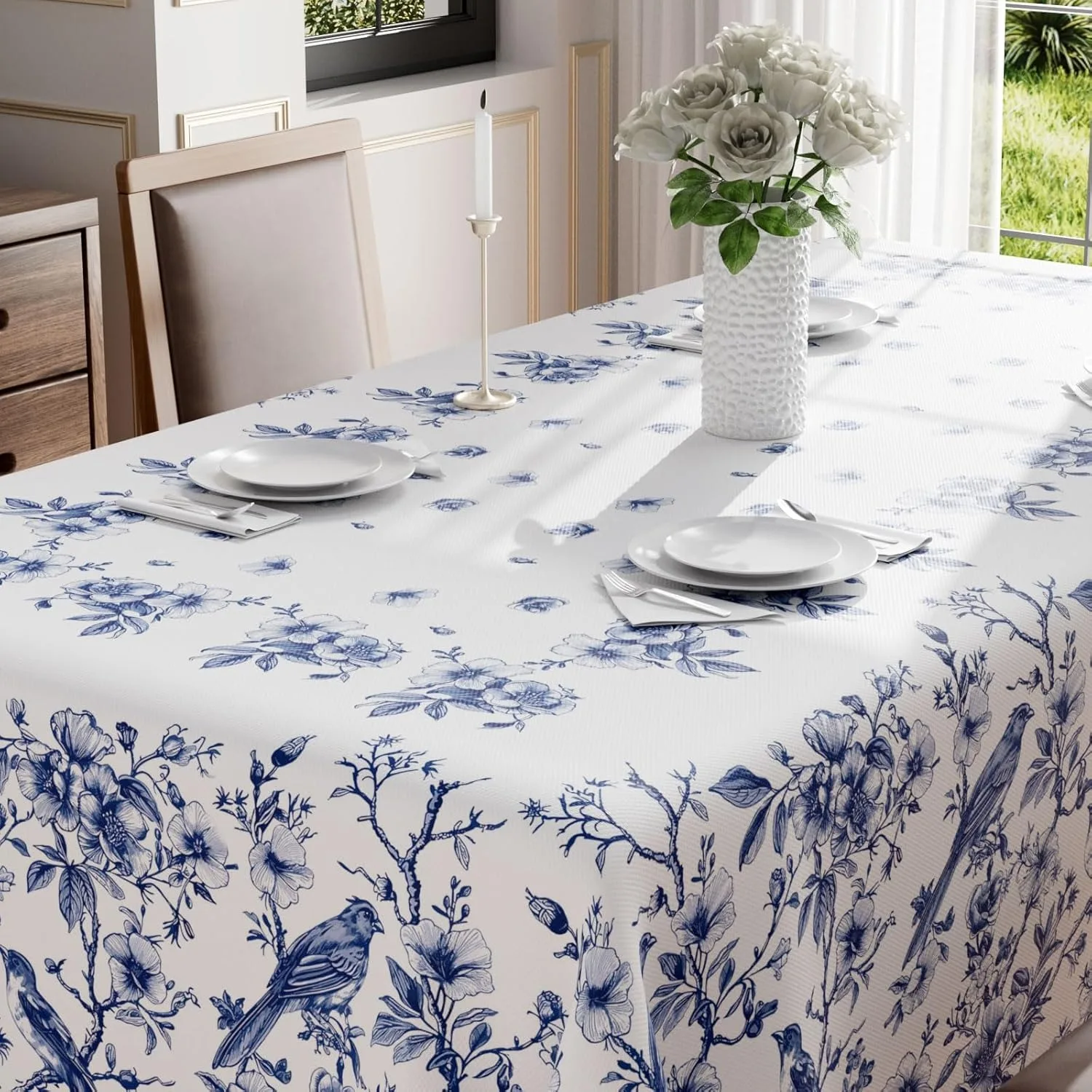 1 piece of rectangular round tablecloth in blue and white ceramic style bird patternzyc