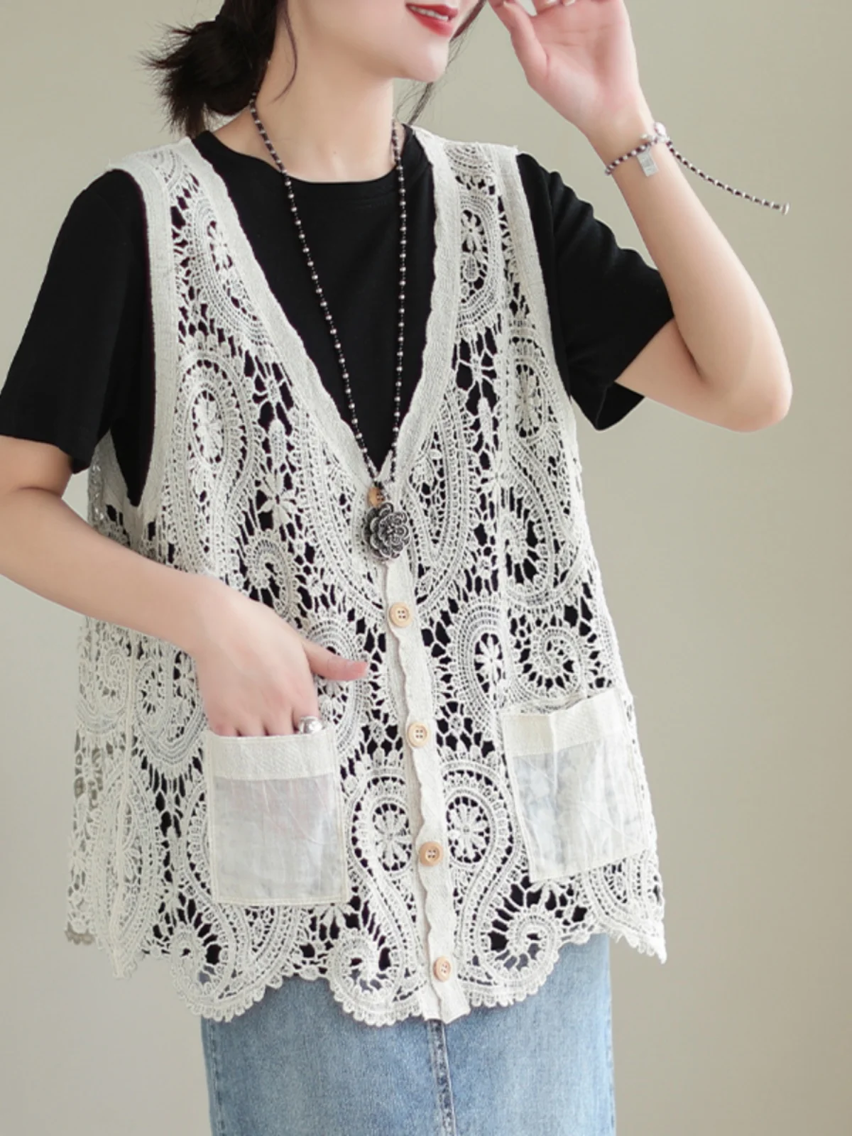 

Летний винтажный ажурный вязаный жилет большого размера, женский кружевной универсальный жилет V Ne ket, верхняя одежда, повседневная тонкая модель